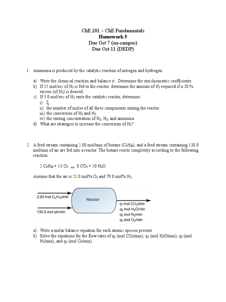 ChE 201 Homework: Ammonia & Reactor Calculations | PDF