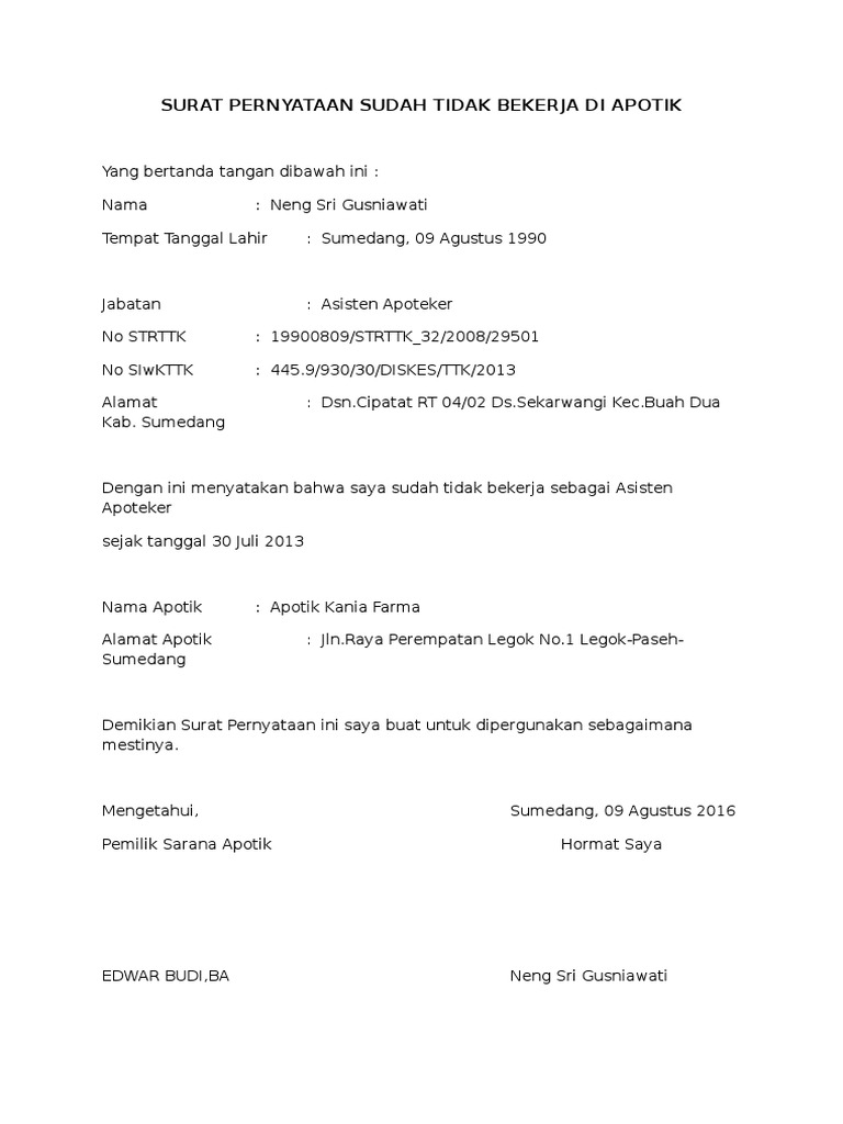 Surat Pernyataan Sudah Tidak Bekerja Di Apotik