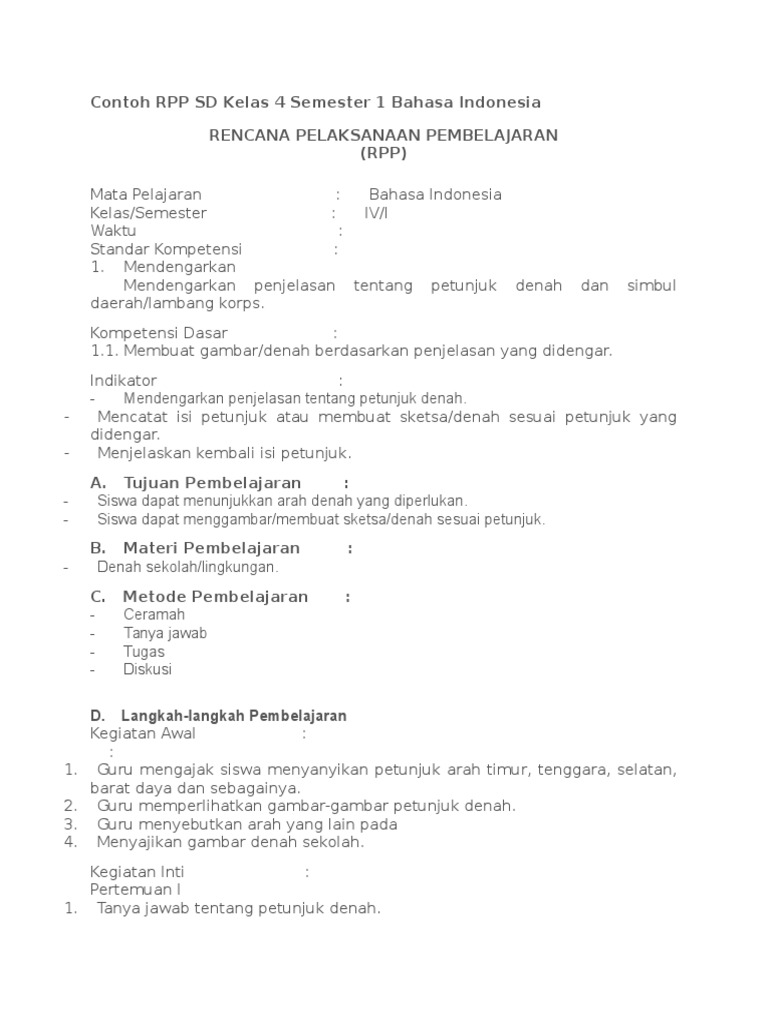  Contoh  RPP SD  Kelas  4 Semester 1  Bahasa Indonesia Tugas 