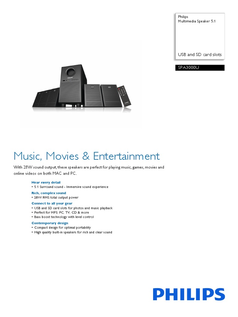 Philips SPA3000U/94 5.1 Speaker System | PDF | Loudspeaker | Usb