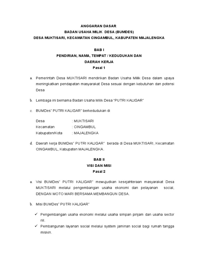 Contoh Ad Art Badan Usaha Milik Desa