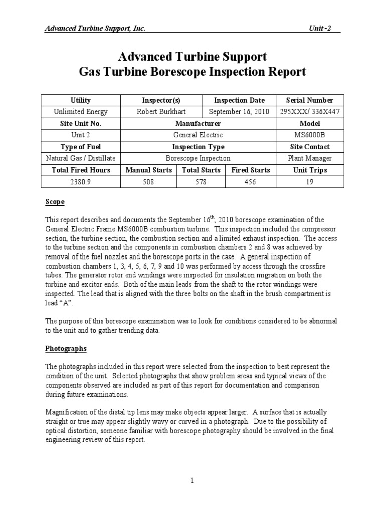 ATS 2010 GE MS6001B Sample Borescope Inspection Report Turbine Gas