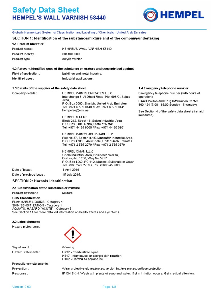 HEMPEL PAINT58440MSDSWALL VARNISHUAEQATAROMAN Toxicity Personal Protective Equipment