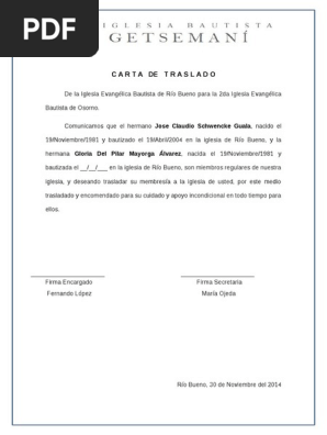 Ejemplo De Carta De Traslado De Una Iglesia A Otra 