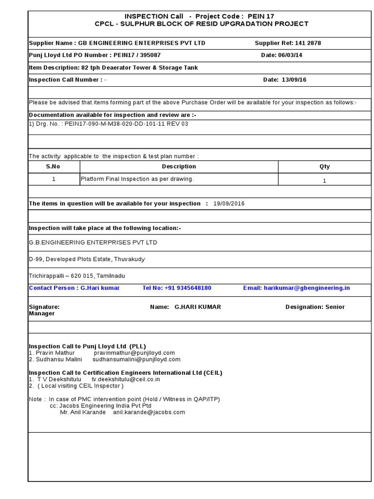 Inspection Notice for Deaerator Tower | PDF
