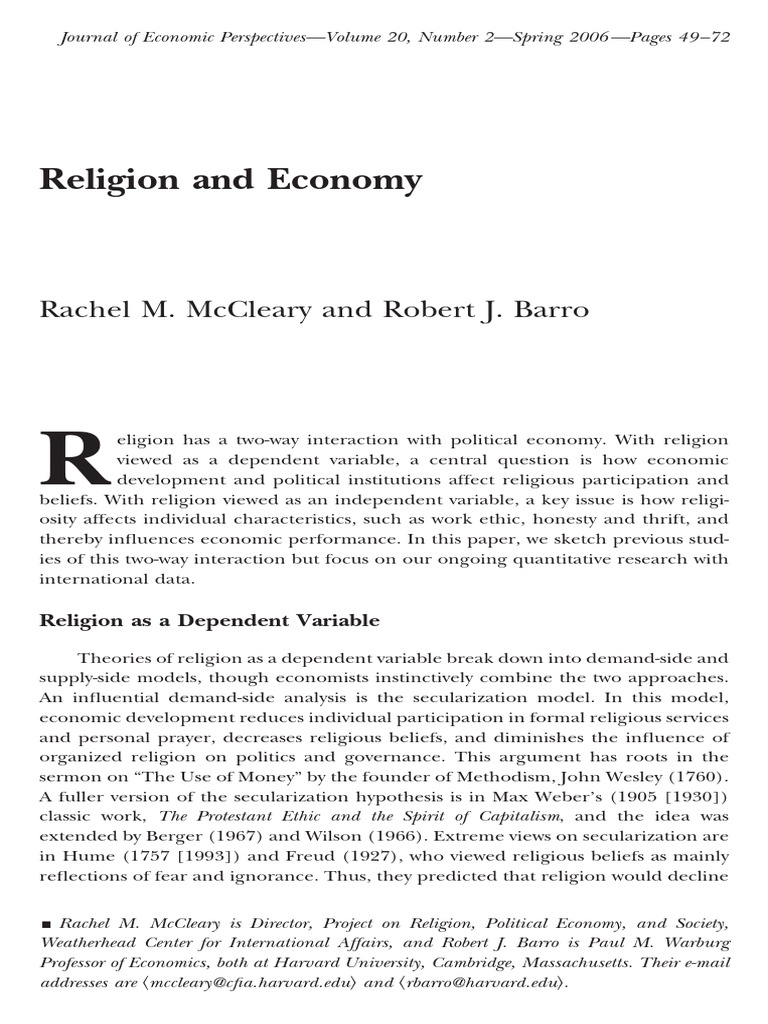 Religion and Economy Rachel M. Mccleary and Robert J. Barro PDF