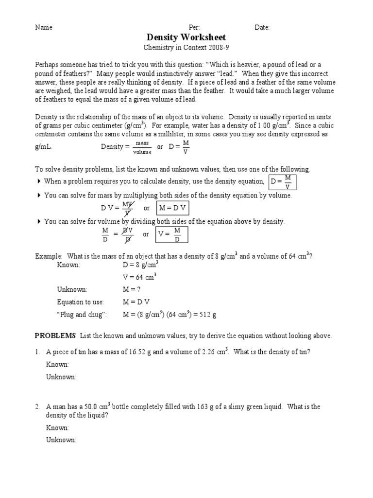 Density Worksheet  PDF  Density  Volume Regarding Density Worksheet Chemistry Answers