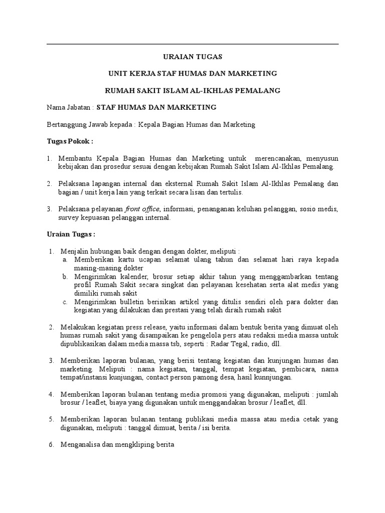 Tugas Pokok Staf Humas Dan Marketing