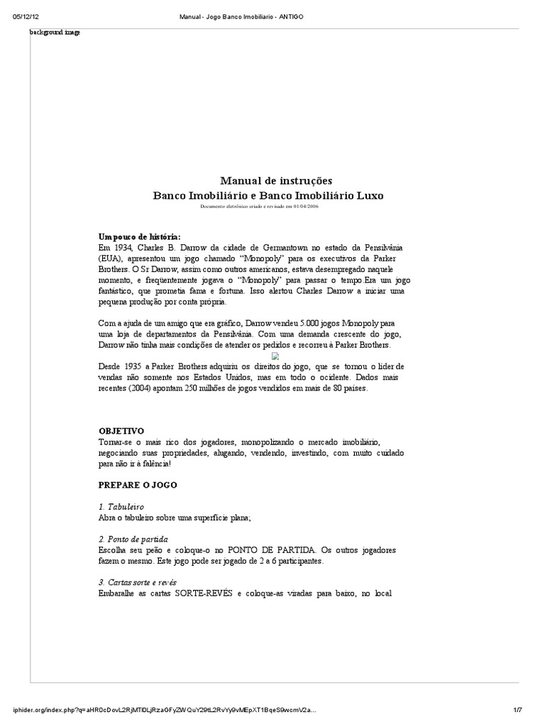 Manual de Instruções Banco Imobiliário e Banco Imobiliário Luxo Documento  Eletrônico Criado e Revisado em 01-04-2006, PDF, Dinheiro