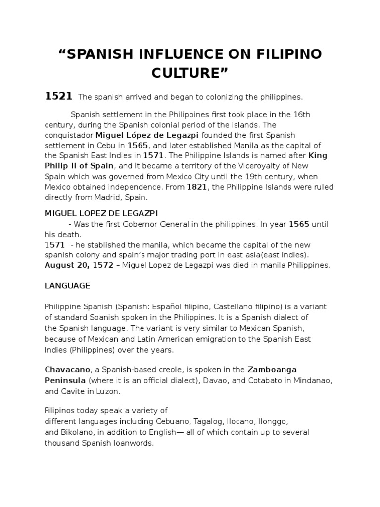 Spanish Influence On Filipino Culture Philippines Languages