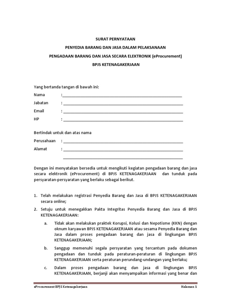 Surat Pernyataan Vendor Pdf