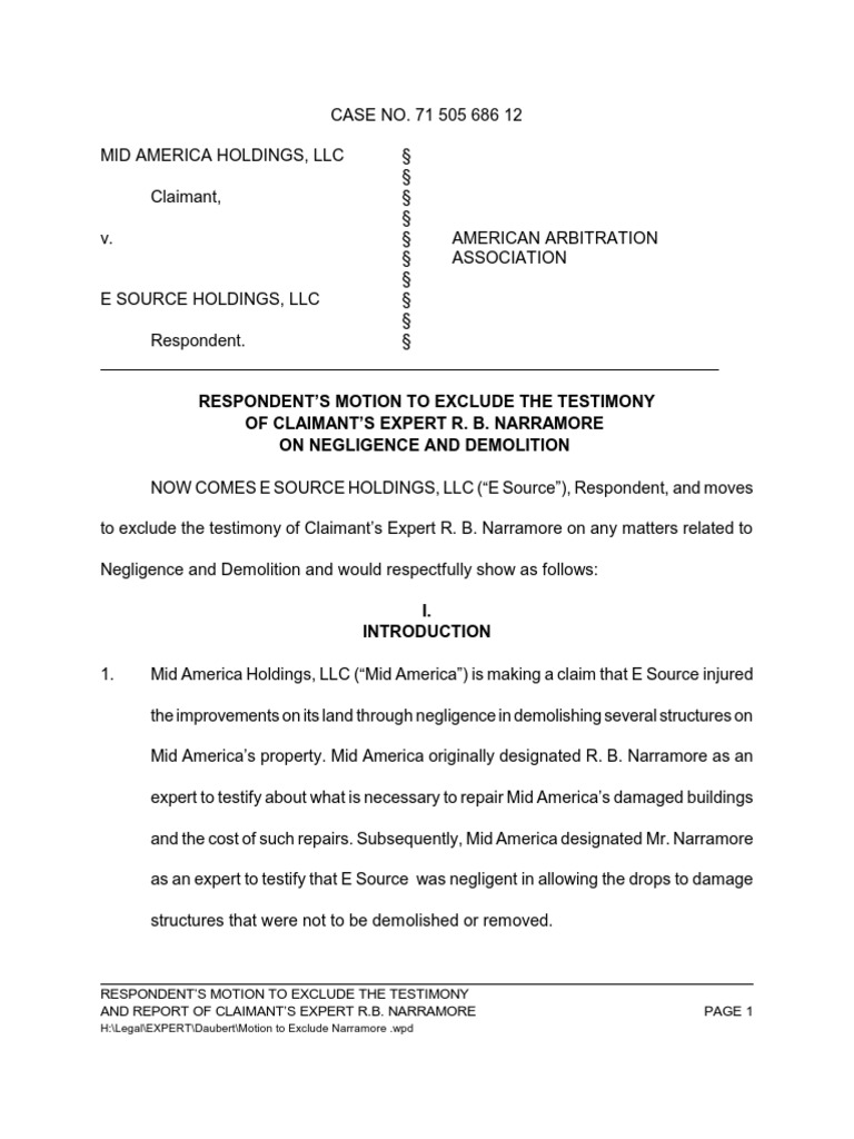 Motion to Exclude Expert Daubert Standard Testimony