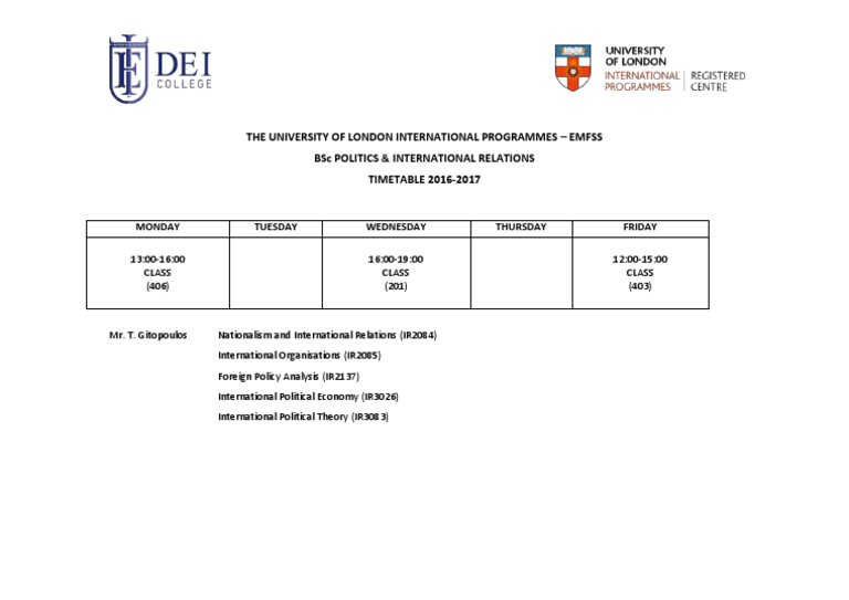 University of London EMFSS BSc Politics & IR 20162017 Timetable PDF