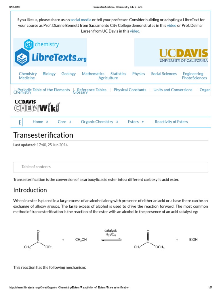 Transesterification - Chemistry LibreTexts | PDF | Ester | Chemical ...