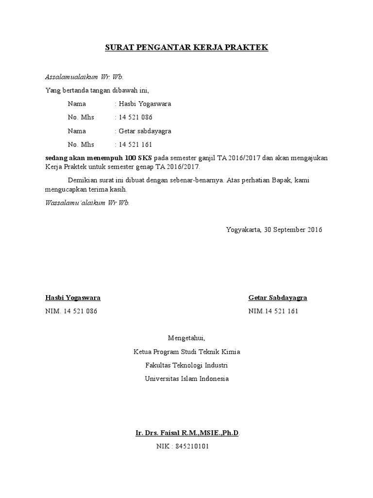  Surat Pengantar Kerja  Praktek