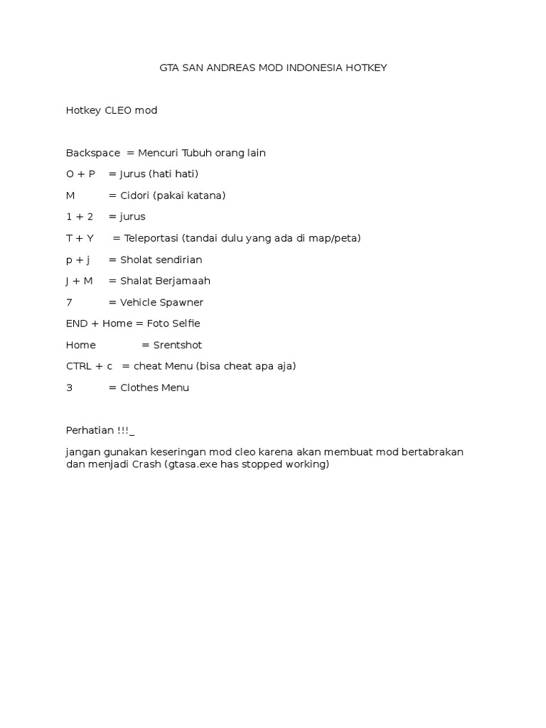 Gta San Andreas Mod Indonesia Hotkey PDF
