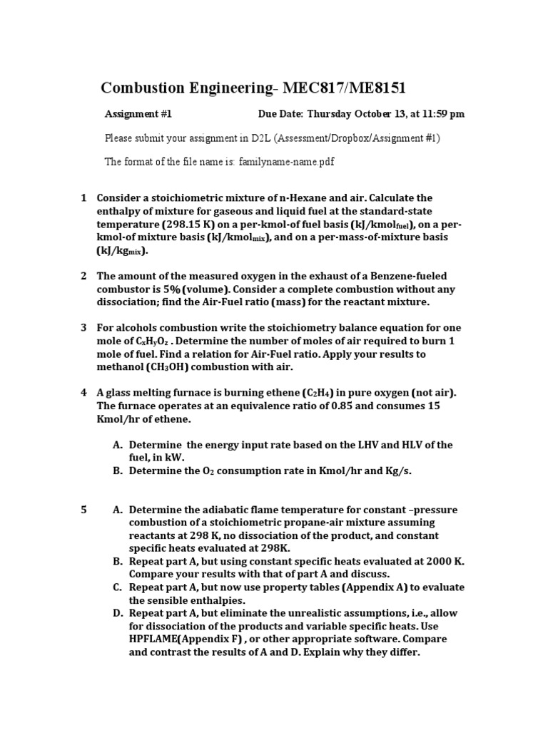 Combustion Engineering Assignment 1 | PDF