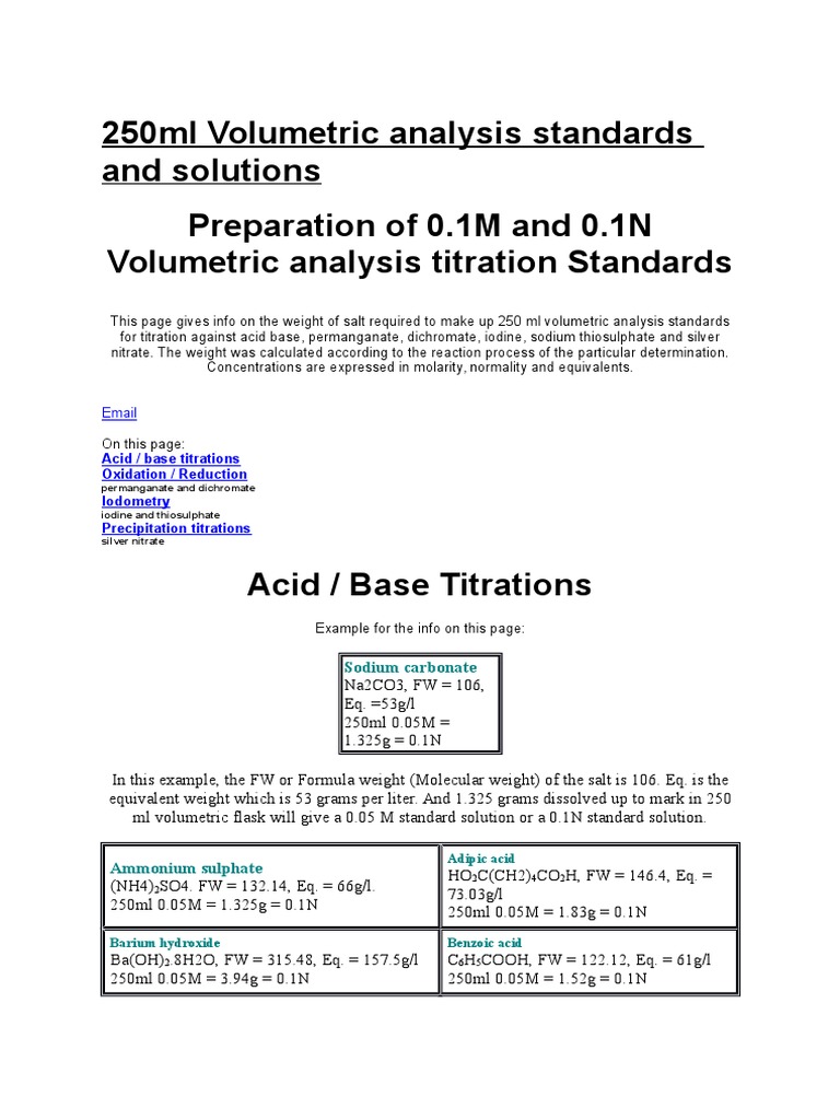 250ml Volumetric Analysis Standards and Solutions Titration