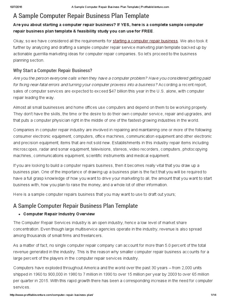 computer repair business plan sample