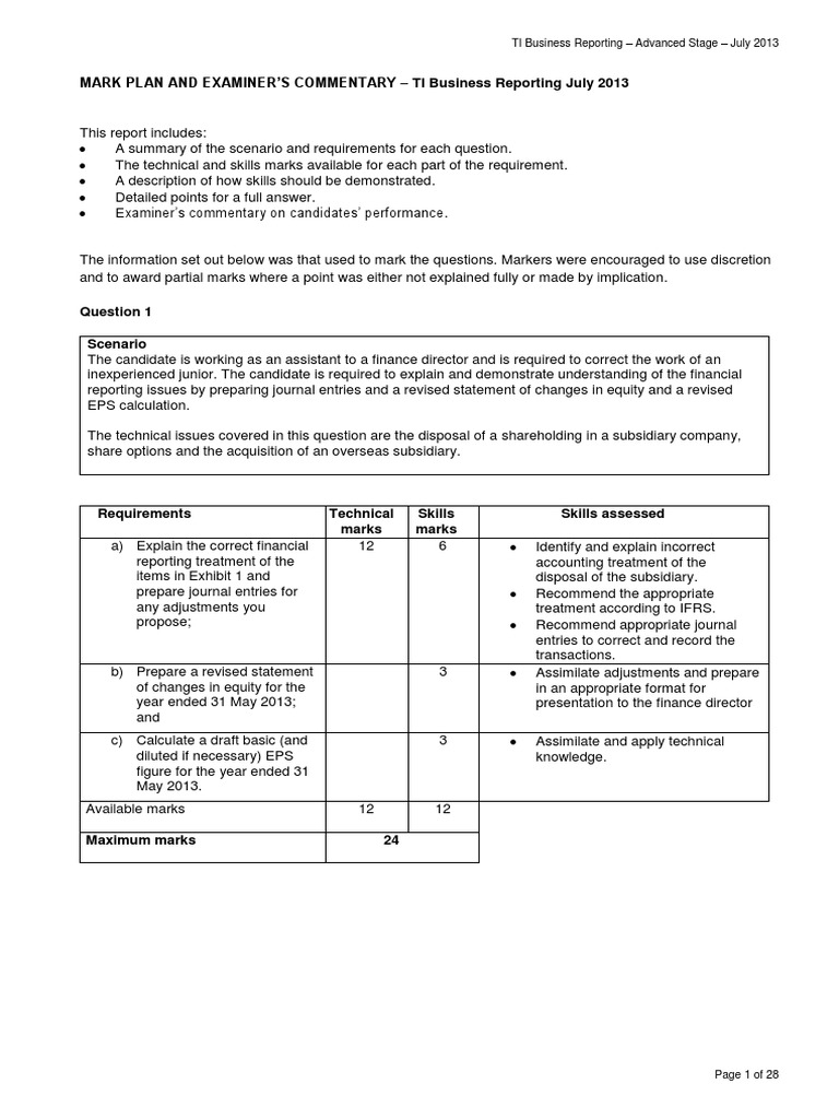 Business Reporting July 2013 Marks Plan1 PDF Goodwill (Accounting