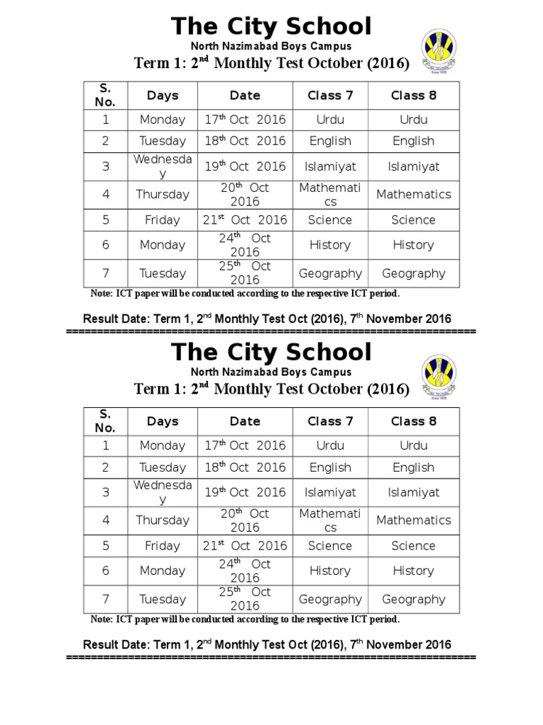 2nd Monthly Test Time Table Class 7 8