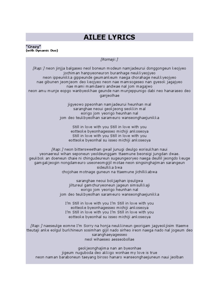 Ailee Crazy Leisure Entertainment General Geureoke johatdeon geoni nal beorigo tteonal mankeum eolmana deo, eotteoke deo jal haeya han geoni. scribd