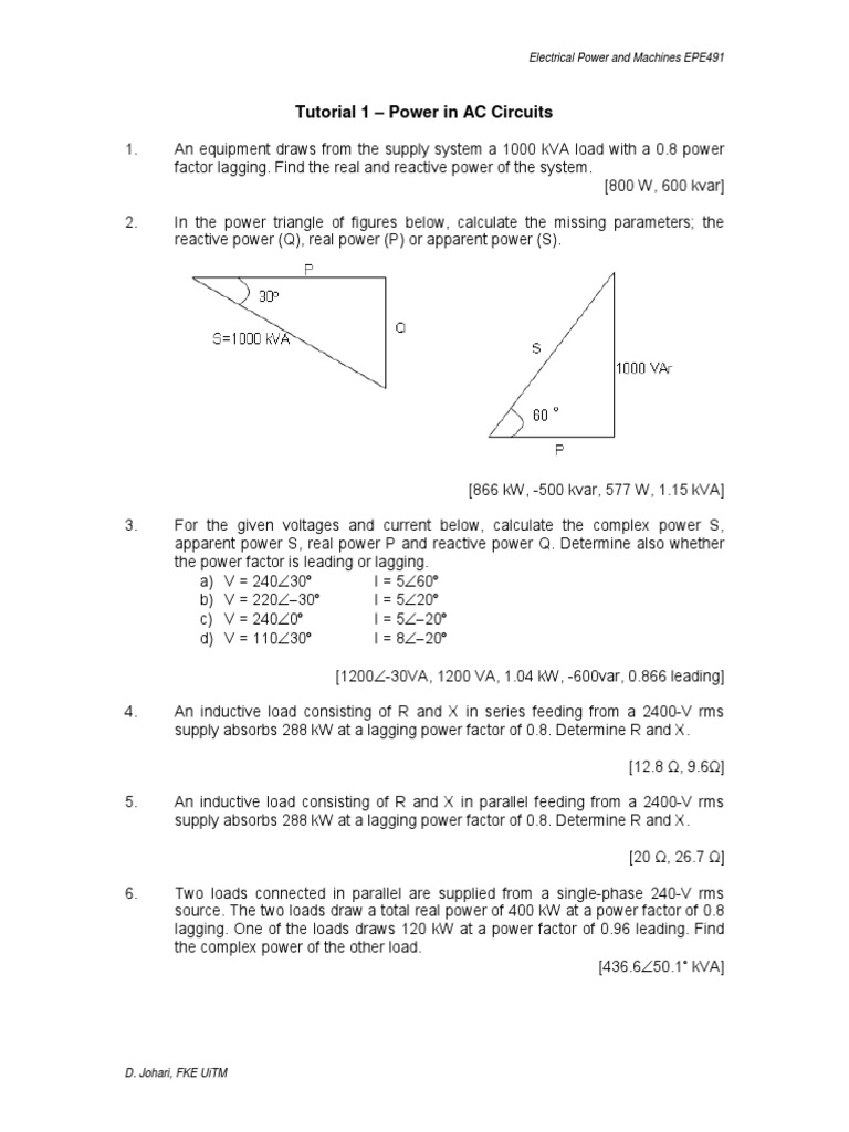 Tutorial 1 - Power in AC Circuits PDF | PDF
