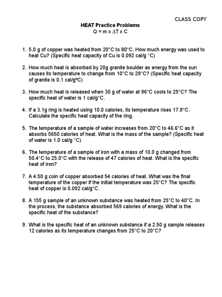 worksheet Specific Heat Practice Problems Worksheet With Answers heat practice problems capacity heat