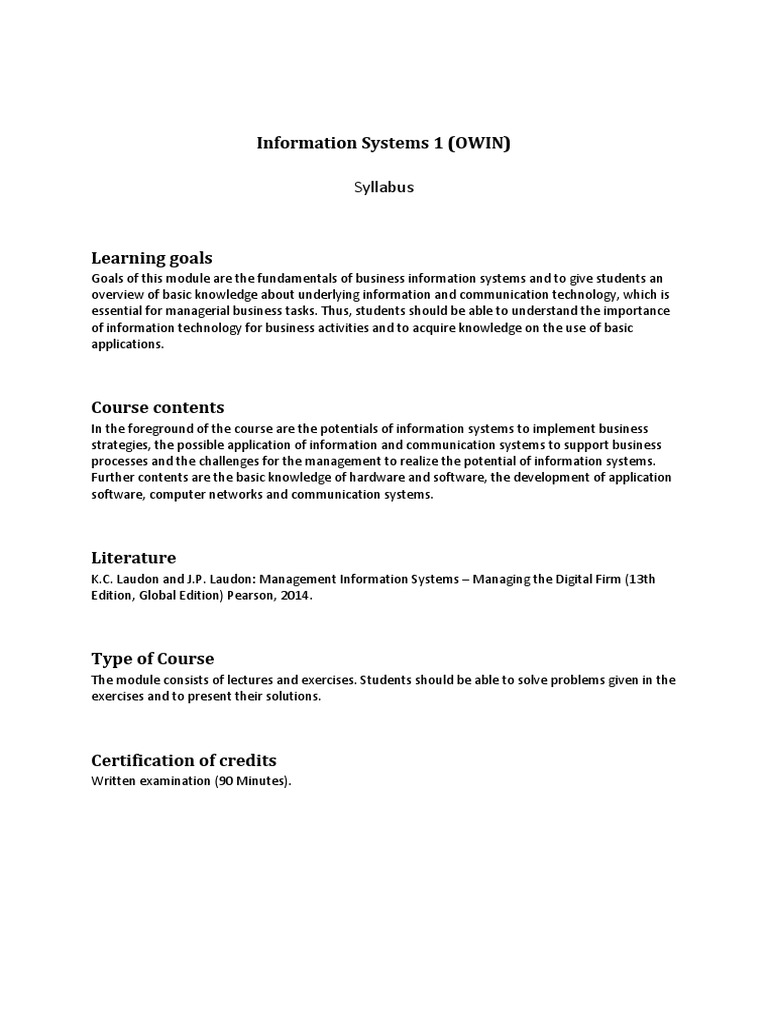 Business Information Systems Syllabus | PDF | Computers