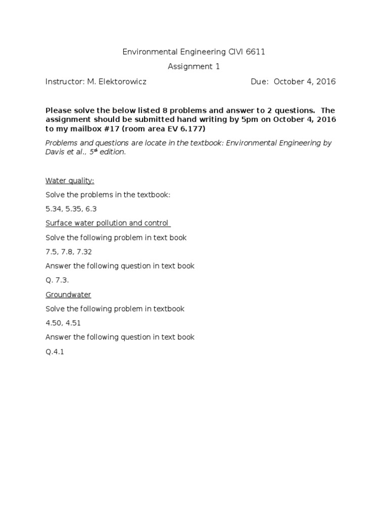 Environmental Engineering CIVI 6611 Assignment 1 Instructor: M ...