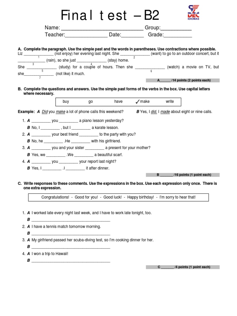 B2 Final Exam Practice Test | PDF