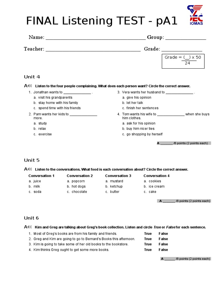 PA1 Listening Test: Family & Friends 1 | PDF | Language Arts & Discipline