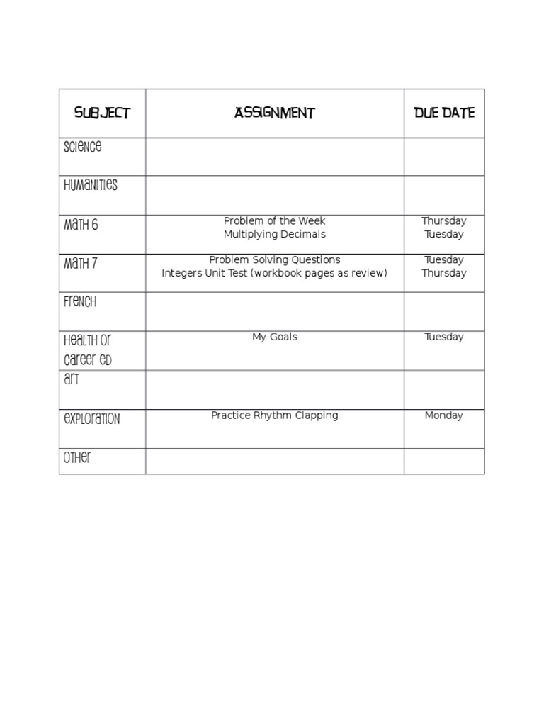 Weekly Assignment Schedule Overview | PDF | Language Arts & Discipline