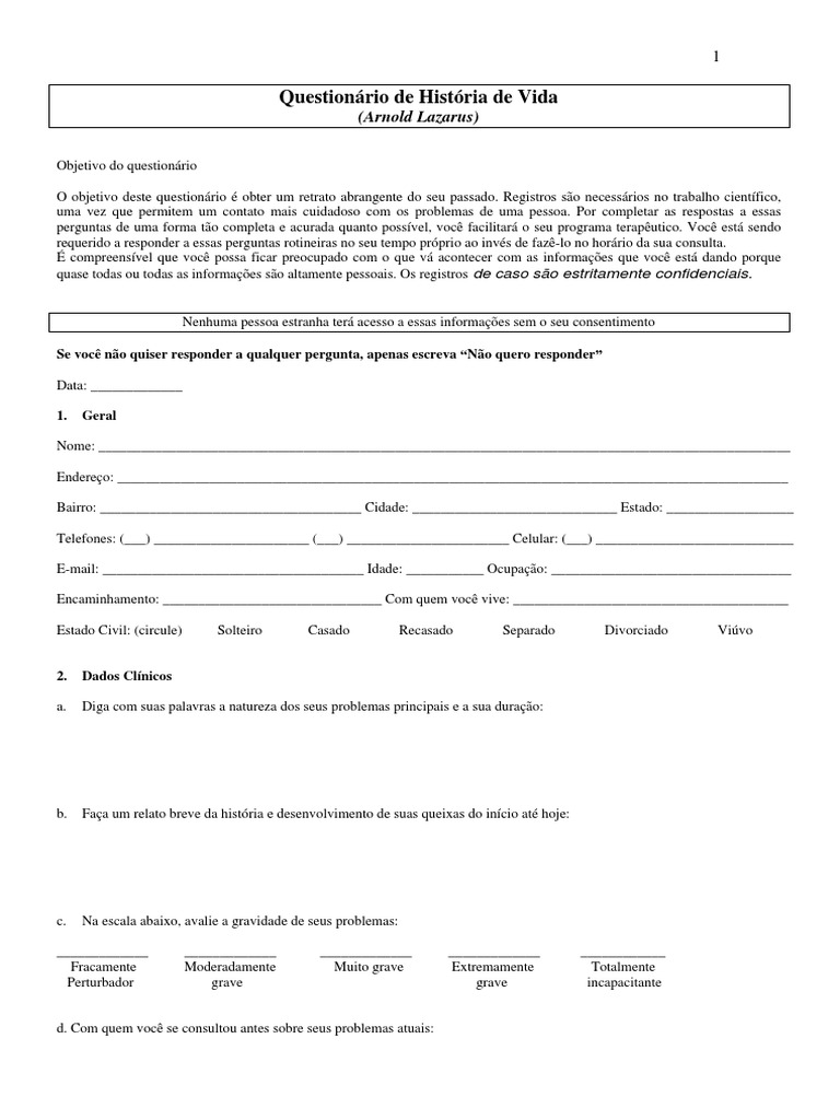 Questionário de História de Vida | PDF | Casamento | Menstruação