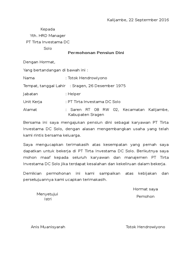 Contoh Surat Pengajuan Pensiun Dini