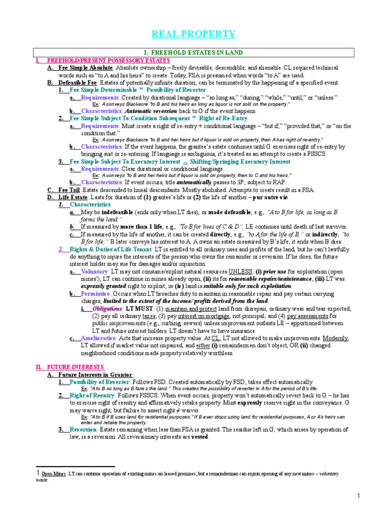Real Property Bar Outline PDF Leasehold Estate Concurrent Estate