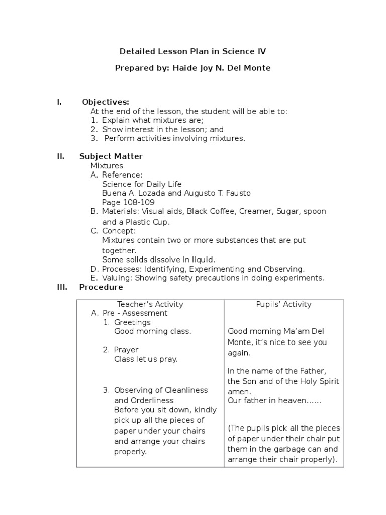 Science IV Lesson Plan on Mixtures | PDF | Lesson Plan | Water