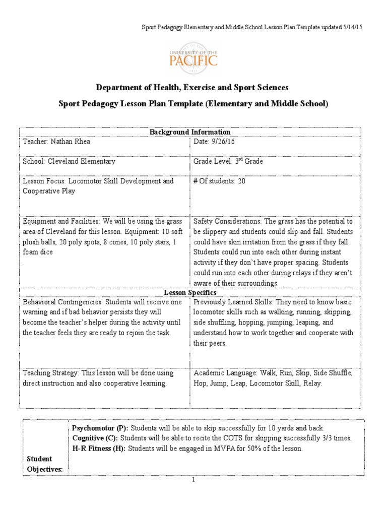 Department of Health, Exercise and Sport Sciences Sport Pedagogy Lesson ...
