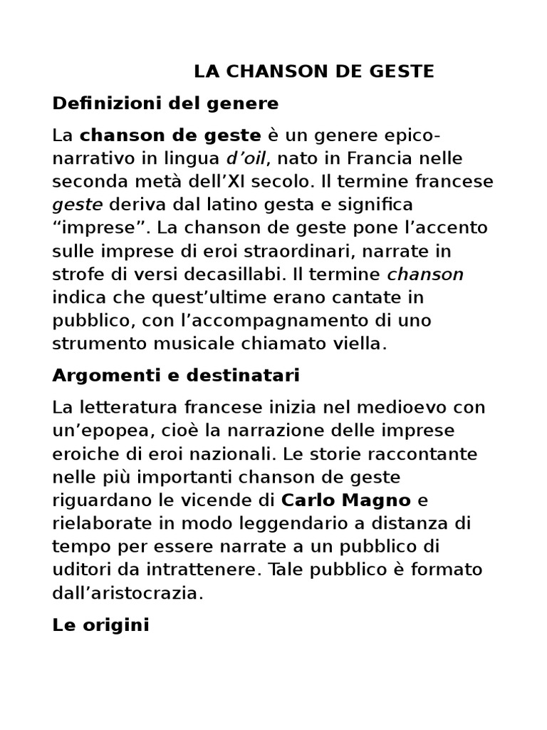 Cosa Sono Le Chanson De Geste