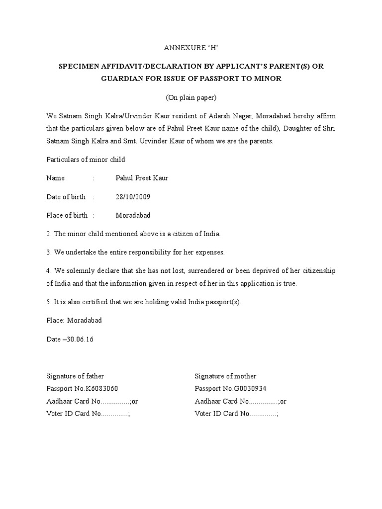 Specimen Affidavit/Declaration by Applicant'S Parent (S) or Guardian