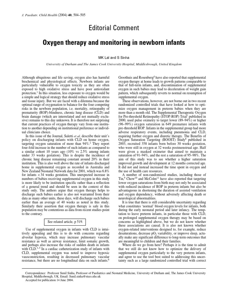 Oxygen Therapy and Monitoring in Newborn Infants Editorial Comment