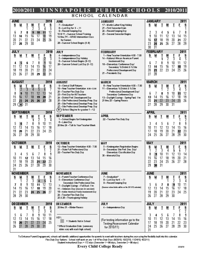2010/2011 MINNEAPOLIS PUBLIC SCHOOLS 2010/2011: School Calendar
