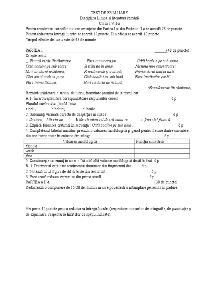 Model de Test Initial Clasa A Vii A Frunza Verde Lacramioare | PDF