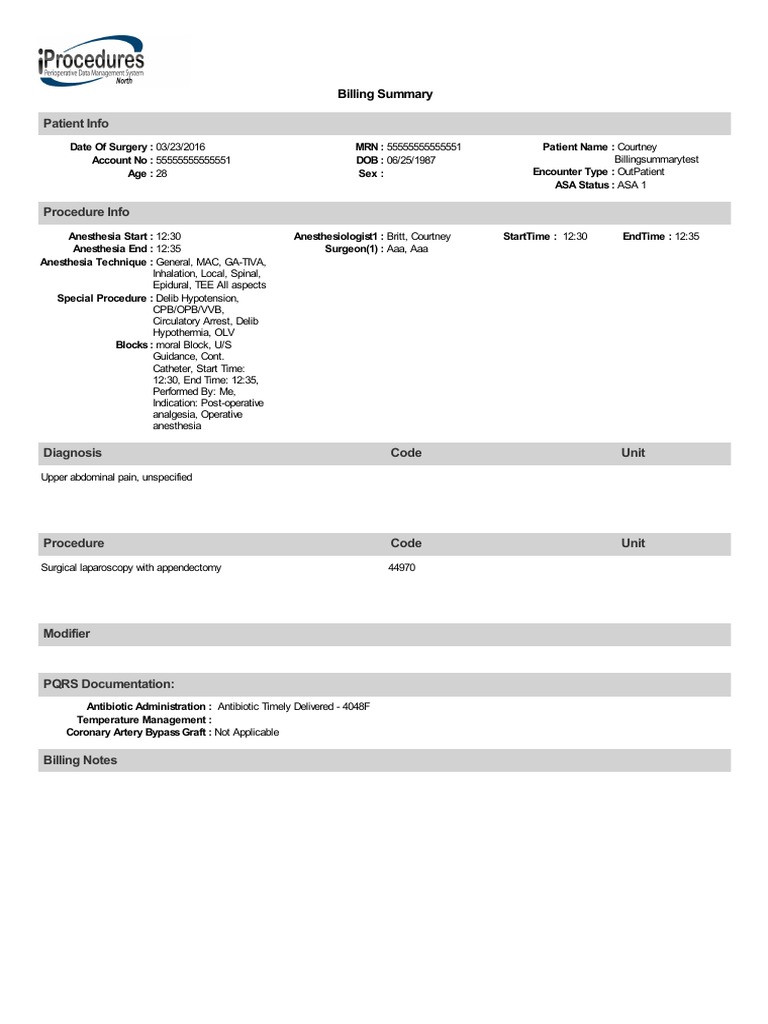 Outpatient Surgery Billing Summary | PDF