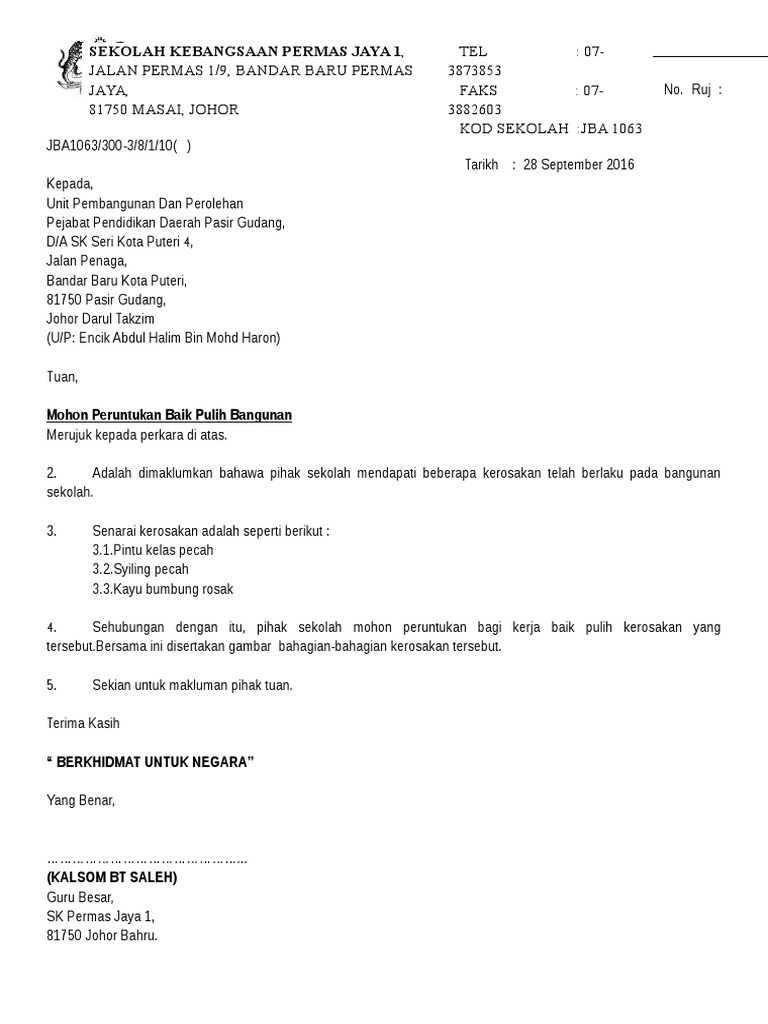 Surat Aduan Kerosakan Harta Benda Disebabkan Kebocoran Paip Bangunan