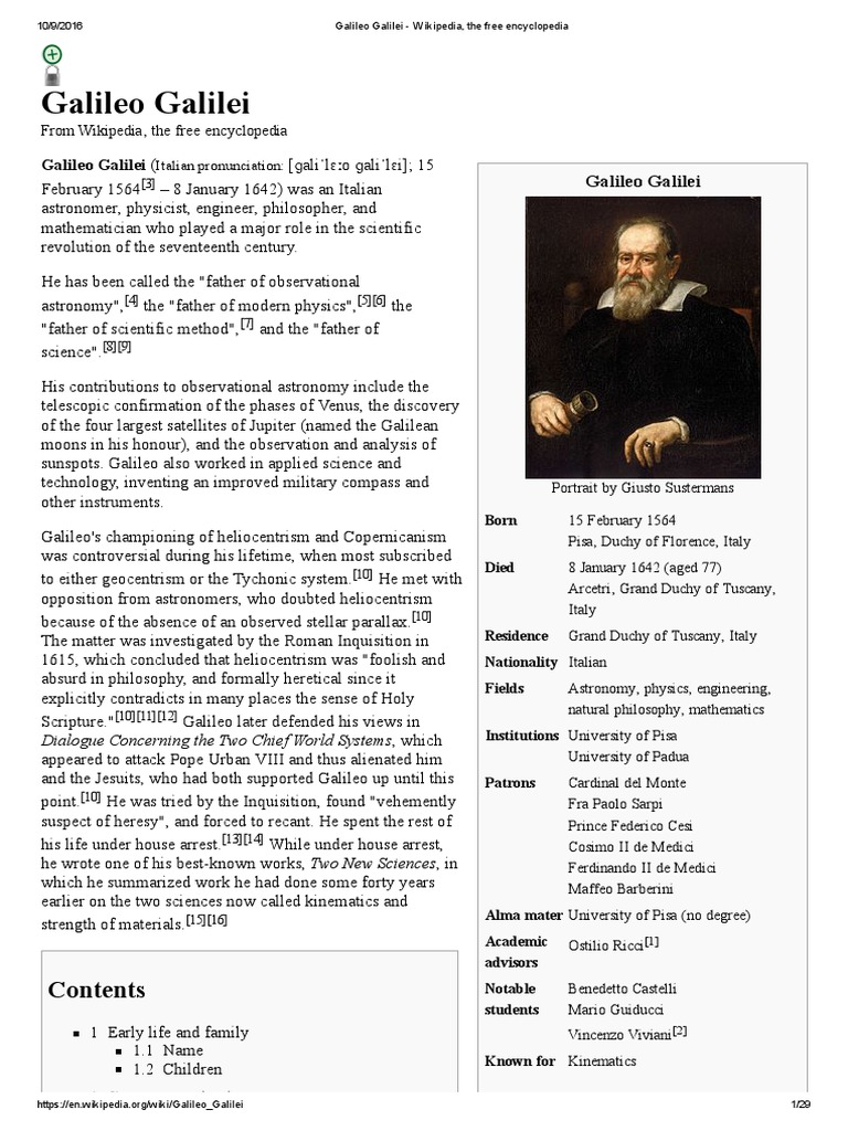 Galileo Galilei Wikipedia The Free Encyclopedia Pdf Galileo