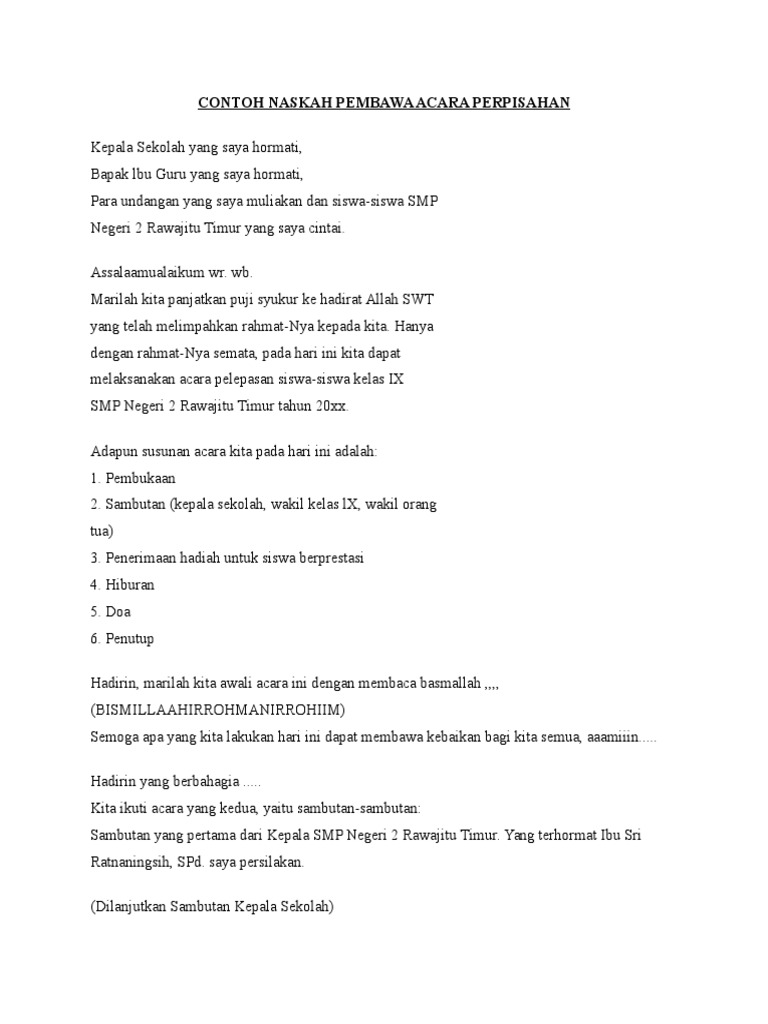Contoh Naskah Pembawa Acara Perpisahan