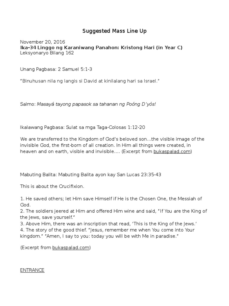 Suggested Mass Line Up Christ The King Year C PDF Bible Content