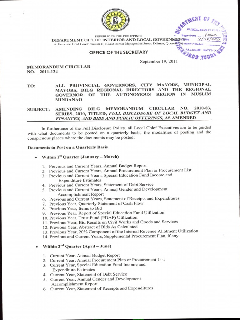 Full Disclosure Policy DILG Memorandum Circular 2011-134 | Revenue ...