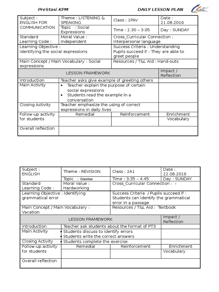 Prestasi KPM Daily Lesson Plan | PDF | Lesson Plan | Vocabulary